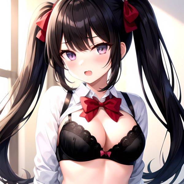 1girl Black Eyes Black Hair Blush Bow Bowtie Bra Breasts Center Opening Cleavage Collared Shirt Fang Grey Bra Hair Intakes, 2337509119 - AIHentai - aihentai.co on pornsimulated.com