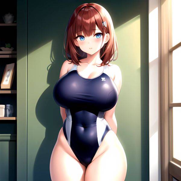 Takarada Rikka 1girl Against Wall Blue Eyes Blush Breasts Collarbone Competition Swimsuit Curvy Groin Highleg Huge Breasts Indoo, 3107361224 - AIHentai - aihentai.co on pornsimulated.com