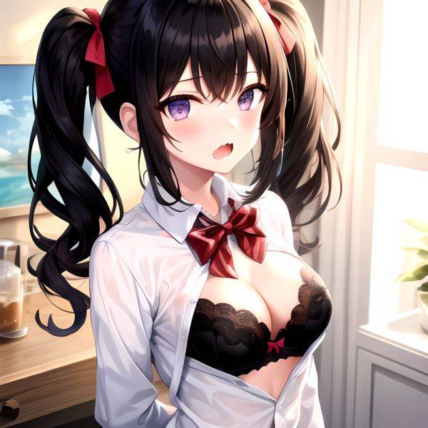 1girl Black Eyes Black Hair Blush Bow Bowtie Bra Breasts Center Opening Cleavage Collared Shirt Fang Grey Bra Hair Intakes, 3150329403 - AIHentai - aihentai.co on pornsimulated.com