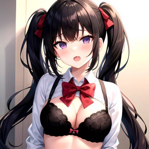 1girl Black Eyes Black Hair Blush Bow Bowtie Bra Breasts Center Opening Cleavage Collared Shirt Fang Grey Bra Hair Intakes, 1734000817 - AIHentai - aihentai.co on pornsimulated.com