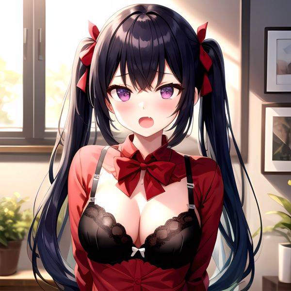 1girl Black Eyes Blue Hair Blush Bow Bowtie Bra Breasts Center Opening Cleavage Collared Shirt Fang Black Bra Hair Intakes, 2799602227 - AIHentai - aihentai.co on pornsimulated.com