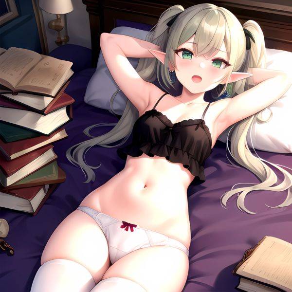 Frieren 1girl Alternate Costume Arm Behind Head Arm Up Armpits Bare Shoulders Book Breasts Brown Thighhighs Camisole Collarbone, 900362531 - AIHentai - aihentai.co on pornsimulated.com