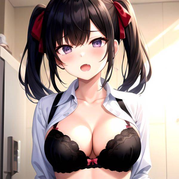 1girl Black Eyes Black Hair Blush Bow Bowtie Bra Breasts Center Opening Cleavage Collared Shirt Fang Grey Bra Hair Intakes, 4174647645 - AIHentai - aihentai.co on pornsimulated.com