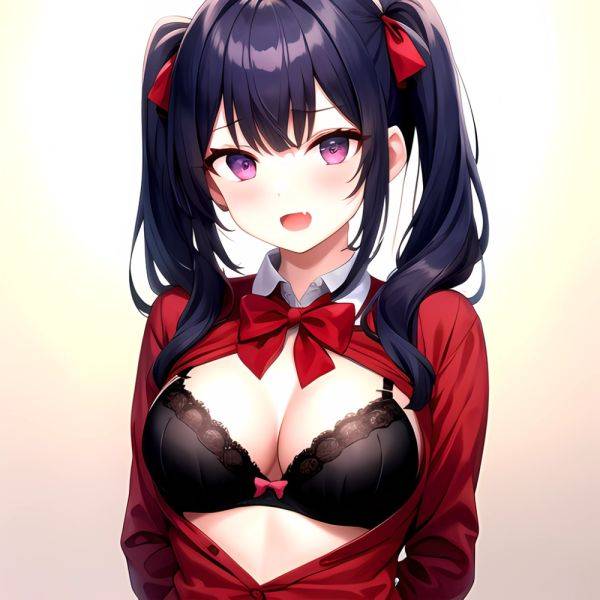 1girl Black Eyes Blue Hair Blush Bow Bowtie Bra Breasts Center Opening Cleavage Collared Shirt Fang Black Bra Hair Intakes, 1315744547 - AIHentai - aihentai.co on pornsimulated.com