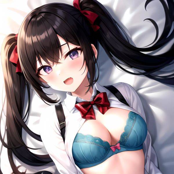 1girl Black Eyes Black Hair Blush Bow Bowtie Bra Breasts Center Opening Cleavage Collared Shirt Fang Grey Bra Hair Intakes, 3069617420 - AIHentai - aihentai.co on pornsimulated.com