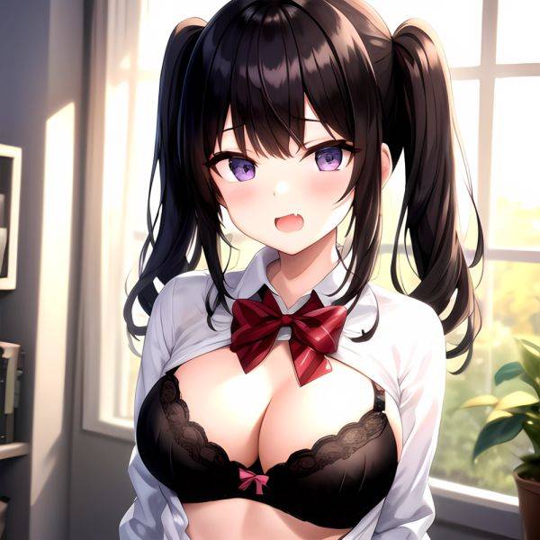 1girl Black Eyes Black Hair Blush Bow Bowtie Bra Breasts Center Opening Cleavage Collared Shirt Fang Grey Bra Hair Intakes, 3058750839 - AIHentai - aihentai.co on pornsimulated.com