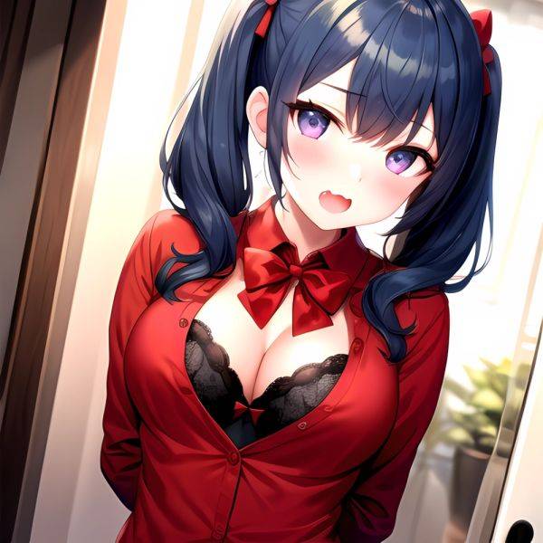 1girl Black Eyes Blue Hair Blush Bow Bowtie Bra Breasts Center Opening Cleavage Collared Shirt Fang Black Bra Hair Intakes, 3009290445 - AIHentai - aihentai.co on pornsimulated.com