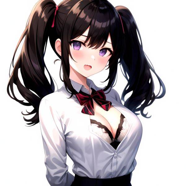 1girl Black Eyes Black Hair Blush Bow Bowtie Bra Breasts Center Opening Cleavage Collared Shirt Fang Grey Bra Hair Intakes, 3670312582 - AIHentai - aihentai.co on pornsimulated.com