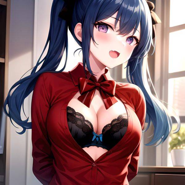 1girl Black Eyes Blue Hair Blush Bow Bowtie Bra Breasts Center Opening Cleavage Collared Shirt Fang Black Bra Hair Intakes, 299670592 - AIHentai - aihentai.co on pornsimulated.com