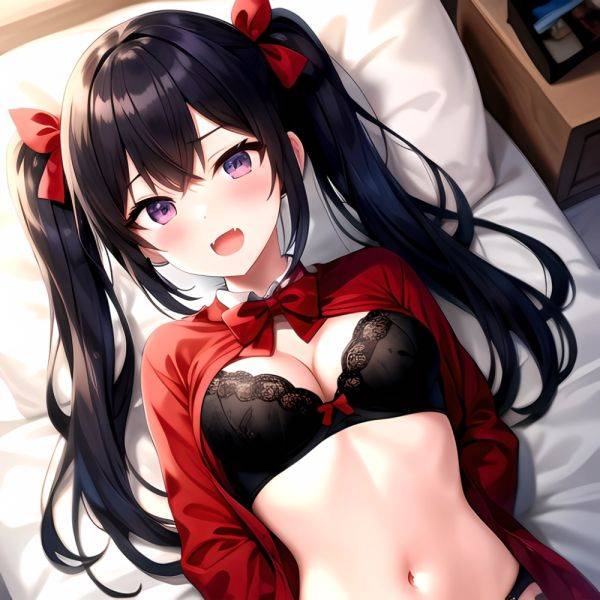 1girl Black Eyes Blue Hair Blush Bow Bowtie Bra Breasts Center Opening Cleavage Collared Shirt Fang Black Bra Hair Intakes, 4168149988 - AIHentai - aihentai.co on pornsimulated.com