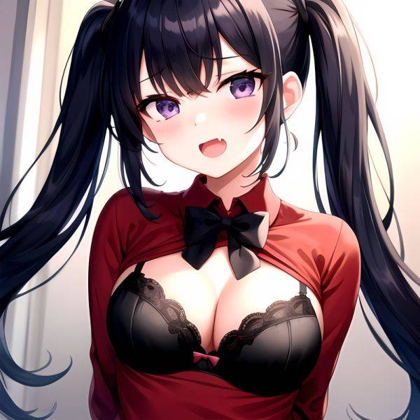 1girl Black Eyes Blue Hair Blush Bow Bowtie Bra Breasts Center Opening Cleavage Collared Shirt Fang Black Bra Hair Intakes, 1747143116 - AIHentai - aihentai.co on pornsimulated.com