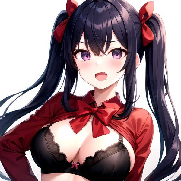 1girl Black Eyes Blue Hair Blush Bow Bowtie Bra Breasts Center Opening Cleavage Collared Shirt Fang Black Bra Hair Intakes, 1424765545 - AIHentai - aihentai.co on pornsimulated.com