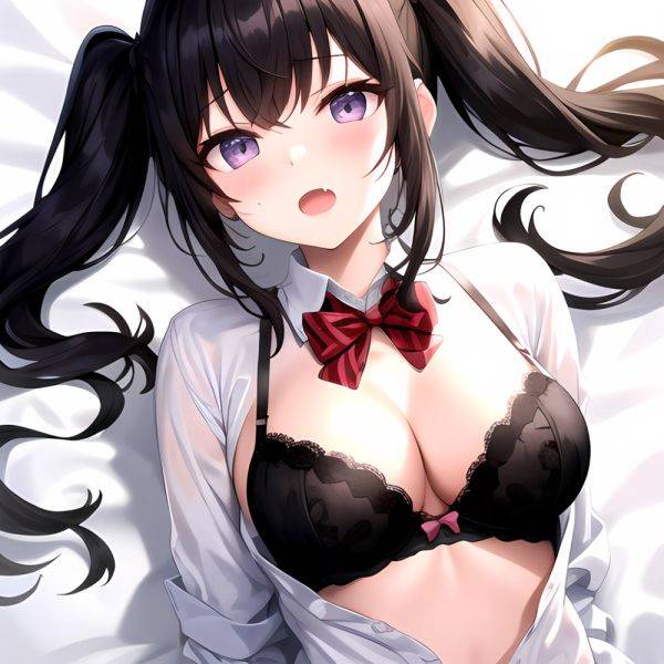 1girl Black Eyes Black Hair Blush Bow Bowtie Bra Breasts Center Opening Cleavage Collared Shirt Fang Grey Bra Hair Intakes, 2750551740 - AIHentai - aihentai.co on pornsimulated.com
