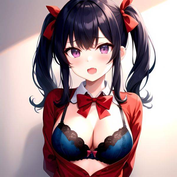 1girl Black Eyes Blue Hair Blush Bow Bowtie Bra Breasts Center Opening Cleavage Collared Shirt Fang Black Bra Hair Intakes, 1179119159 - AIHentai - aihentai.co on pornsimulated.com