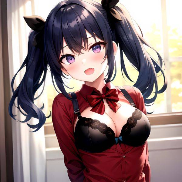 1girl Black Eyes Blue Hair Blush Bow Bowtie Bra Breasts Center Opening Cleavage Collared Shirt Fang Black Bra Hair Intakes, 188467806 - AIHentai - aihentai.co on pornsimulated.com