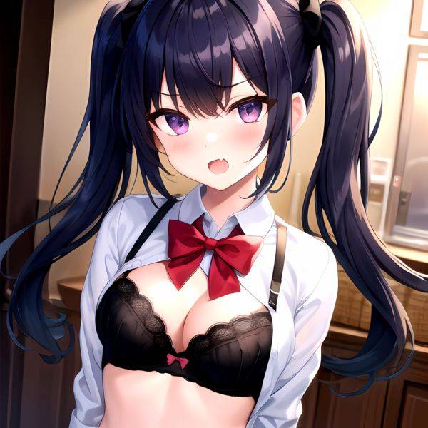1girl Black Eyes Blue Hair Blush Bow Bowtie Bra Breasts Center Opening Cleavage Collared Shirt Fang Black Bra Hair Intakes, 1916981360 - AIHentai - aihentai.co on pornsimulated.com