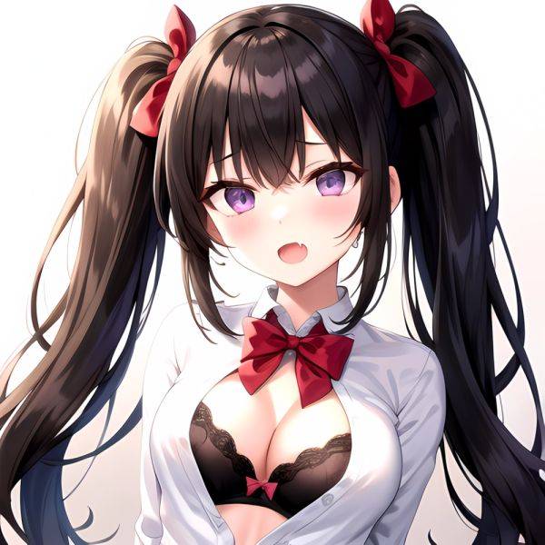 1girl Black Eyes Black Hair Blush Bow Bowtie Bra Breasts Center Opening Cleavage Collared Shirt Fang Grey Bra Hair Intakes, 4022173478 - AIHentai - aihentai.co on pornsimulated.com