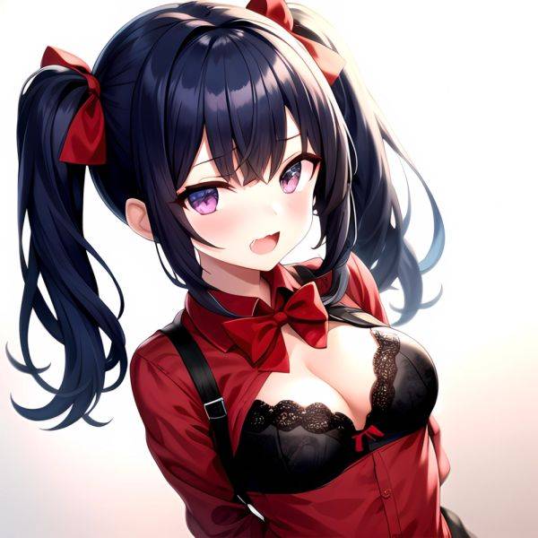 1girl Black Eyes Blue Hair Blush Bow Bowtie Bra Breasts Center Opening Cleavage Collared Shirt Fang Black Bra Hair Intakes, 1813331673 - AIHentai - aihentai.co on pornsimulated.com