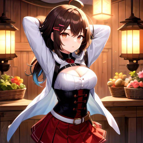 Nanashi Mumei Nanashi Mumei 1st Costume 1girl Ahoge Arms Behind Head Arms Up Belt Brown Corset Brown Eyes Brown Hair, 3747327996 - AIHentai - aihentai.co on pornsimulated.com