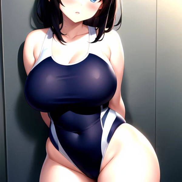 Takarada Rikka 1girl Against Wall Blue Eyes Blush Breasts Collarbone Competition Swimsuit Curvy Groin Highleg Huge Breasts Indoo, 425006111 - AIHentai - aihentai.co on pornsimulated.com