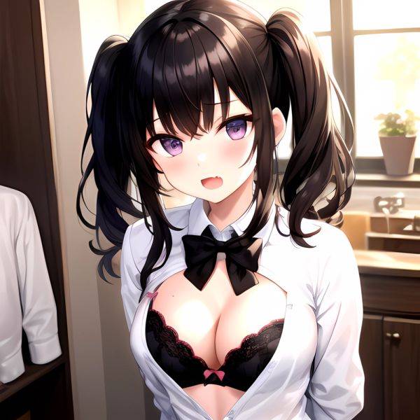 1girl Black Eyes Black Hair Blush Bow Bowtie Bra Breasts Center Opening Cleavage Collared Shirt Fang Grey Bra Hair Intakes, 924665392 - AIHentai - aihentai.co on pornsimulated.com