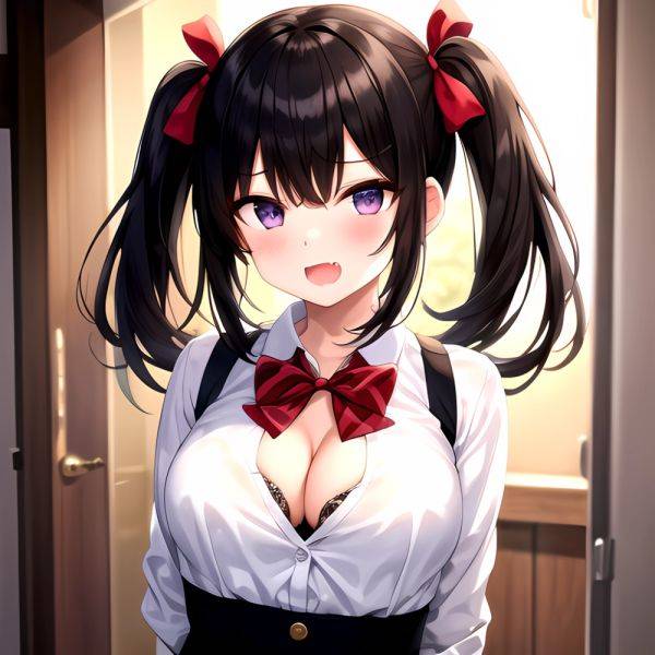 1girl Black Eyes Black Hair Blush Bow Bowtie Bra Breasts Center Opening Cleavage Collared Shirt Fang Grey Bra Hair Intakes, 1122690786 - AIHentai - aihentai.co on pornsimulated.com