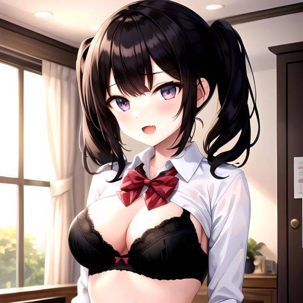 1girl Black Eyes Black Hair Blush Bow Bowtie Bra Breasts Center Opening Cleavage Collared Shirt Fang Grey Bra Hair Intakes, 1081550783 - AIHentai - aihentai.co on pornsimulated.com