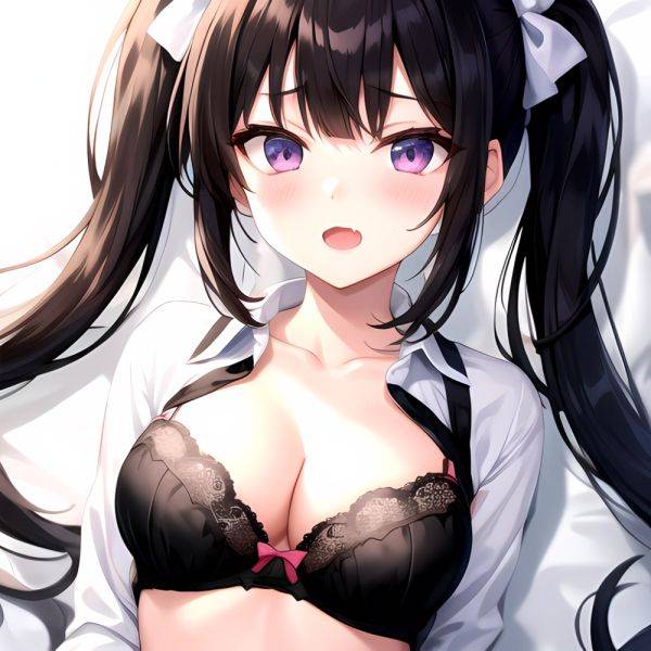 1girl Black Eyes Black Hair Blush Bow Bowtie Bra Breasts Center Opening Cleavage Collared Shirt Fang Grey Bra Hair Intakes, 2327090311 - AIHentai - aihentai.co on pornsimulated.com