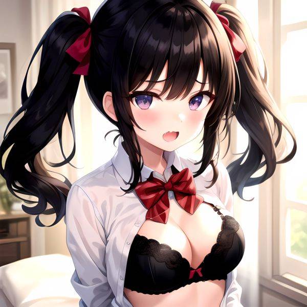 1girl Black Eyes Black Hair Blush Bow Bowtie Bra Breasts Center Opening Cleavage Collared Shirt Fang Grey Bra Hair Intakes, 1022243469 - AIHentai - aihentai.co on pornsimulated.com