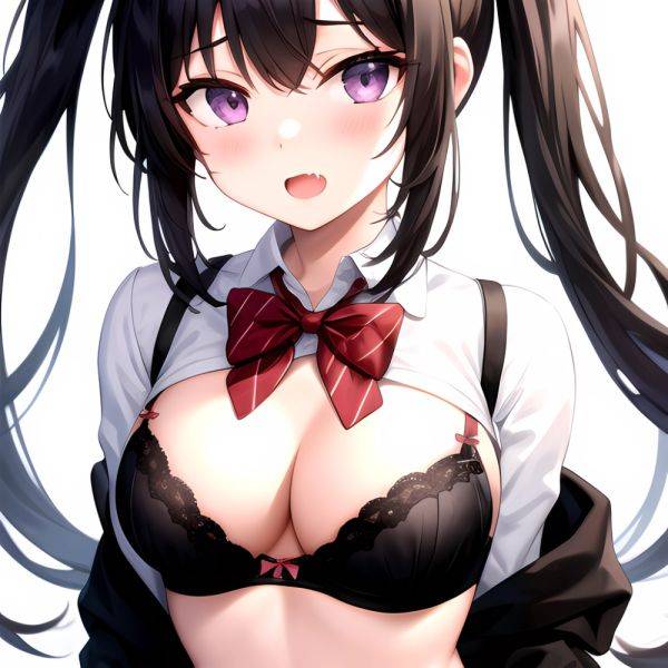 1girl Black Eyes Black Hair Blush Bow Bowtie Bra Breasts Center Opening Cleavage Collared Shirt Fang Grey Bra Hair Intakes, 496792405 - AIHentai - aihentai.co on pornsimulated.com