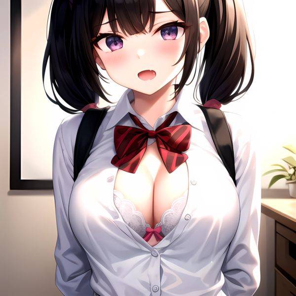 1girl Black Eyes Black Hair Blush Bow Bowtie Bra Breasts Center Opening Cleavage Collared Shirt Fang Grey Bra Hair Intakes, 132618168 - AIHentai - aihentai.co on pornsimulated.com