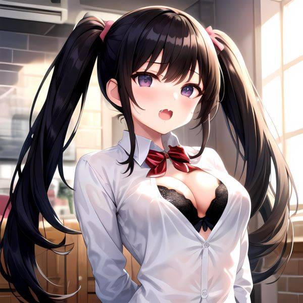 1girl Black Eyes Black Hair Blush Bow Bowtie Bra Breasts Center Opening Cleavage Collared Shirt Fang Grey Bra Hair Intakes, 980832774 - AIHentai - aihentai.co on pornsimulated.com
