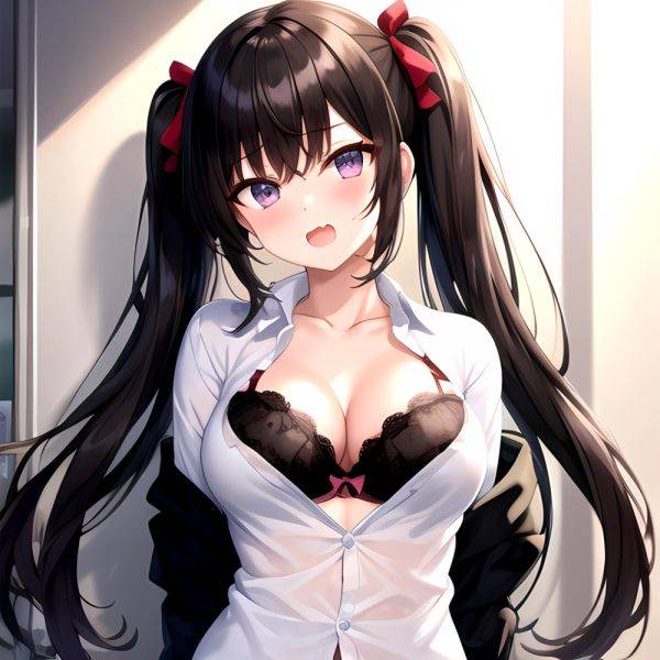 1girl Black Eyes Black Hair Blush Bow Bowtie Bra Breasts Center Opening Cleavage Collared Shirt Fang Grey Bra Hair Intakes, 187850451 - AIHentai - aihentai.co on pornsimulated.com