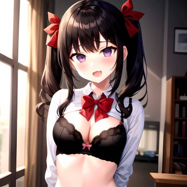 1girl Black Eyes Black Hair Blush Bow Bowtie Bra Breasts Center Opening Cleavage Collared Shirt Fang Grey Bra Hair Intakes, 1224184716 - AIHentai - aihentai.co on pornsimulated.com