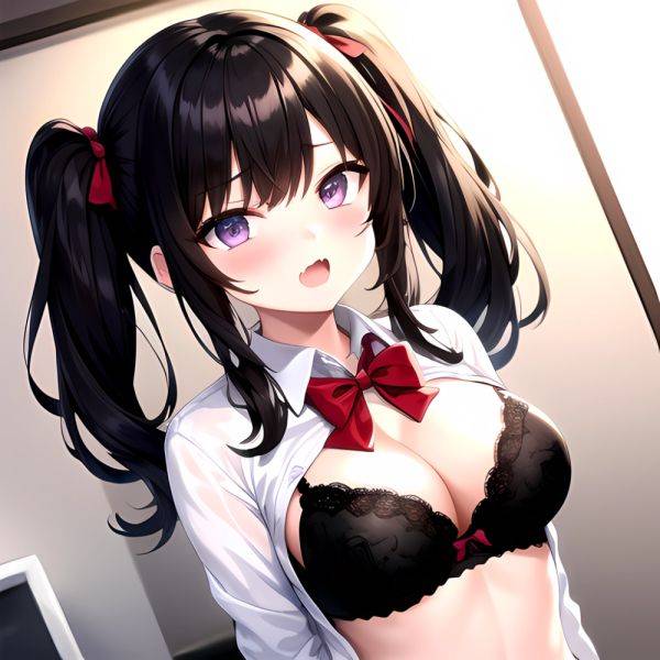 1girl Black Eyes Black Hair Blush Bow Bowtie Bra Breasts Center Opening Cleavage Collared Shirt Fang Grey Bra Hair Intakes, 2973177291 - AIHentai - aihentai.co on pornsimulated.com