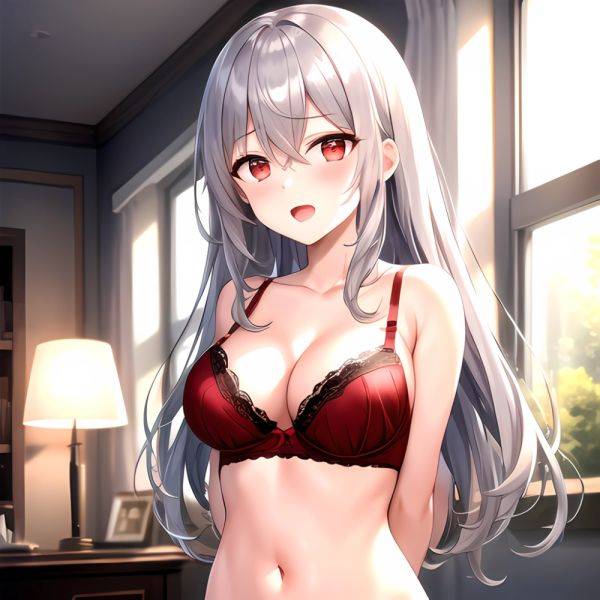1girl Red Bra Blush Bra Breasts Double Parted Bangs Grey Hair Hair Between Eyes Indoors Large Breasts Long Hair Looking, 1417222709 - AIHentai on pornsimulated.com