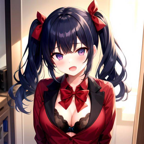 1girl Black Eyes Blue Hair Blush Bow Bowtie Bra Breasts Center Opening Cleavage Collared Shirt Fang Black Bra Hair Intakes, 4191888366 - AIHentai on pornsimulated.com