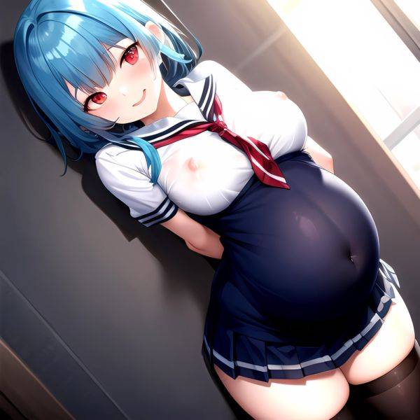 1girl Arms Behind Back 1 3 Blue Hair Blush Breasts Breasts Out Pregnant Long Hair Facing The Viewer Medium Breasts, 1536821928 - AIHentai - aihentai.co on pornsimulated.com