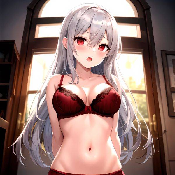 1girl Red Bra Blush Bra Breasts Double Parted Bangs Grey Hair Hair Between Eyes Indoors Large Breasts Long Hair Looking, 553215685 - AIHentai on pornsimulated.com