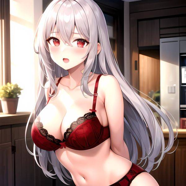1girl Red Bra Blush Bra Breasts Double Parted Bangs Grey Hair Hair Between Eyes Indoors Large Breasts Long Hair Looking, 304593715 - AIHentai on pornsimulated.com