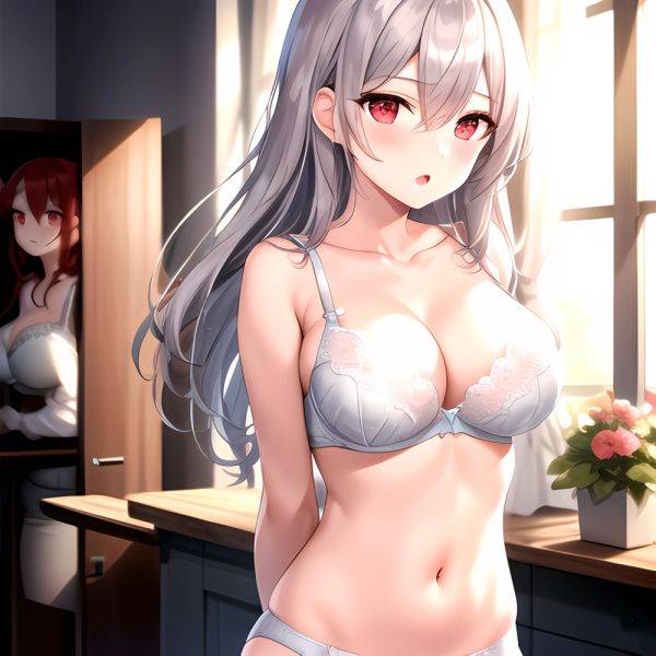 1girl White Bra Blush Bra Breasts Double Parted Bangs Grey Hair Hair Between Eyes Indoors Large Breasts Long Hair Looking, 3921586523 - AIHentai on pornsimulated.com
