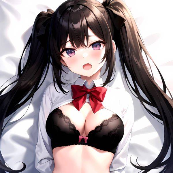1girl Black Eyes Black Hair Blush Bow Bowtie Bra Breasts Center Opening Cleavage Collared Shirt Fang Grey Bra Hair Intakes, 1902616163 - AIHentai on pornsimulated.com