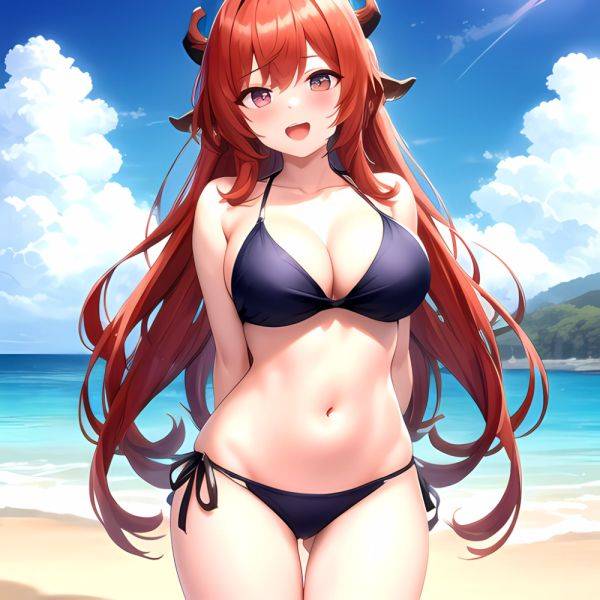 Nilou Genshin Impact 1girl Bare Shoulders Beach Bikini Blush Breasts Cleavage Collarbone Fake Horns Horns Large Breasts Long Hai, 3522484910 - AIHentai - aihentai.co on pornsimulated.com