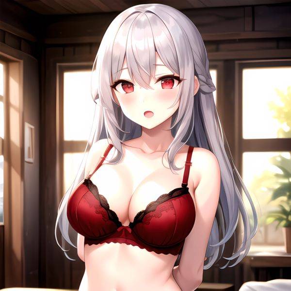 1girl Red Bra Blush Bra Breasts Double Parted Bangs Grey Hair Hair Between Eyes Indoors Large Breasts Long Hair Looking, 2941094703 - AIHentai on pornsimulated.com