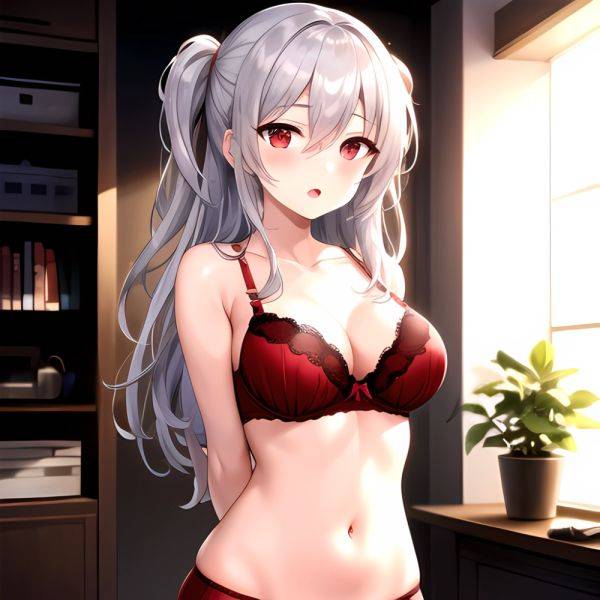 1girl Red Bra Blush Bra Breasts Double Parted Bangs Grey Hair Hair Between Eyes Indoors Large Breasts Long Hair Looking, 4241399915 - AIHentai on pornsimulated.com
