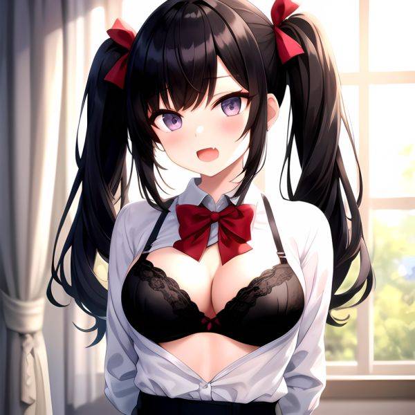 1girl Black Eyes Black Hair Blush Bow Bowtie Bra Breasts Center Opening Cleavage Collared Shirt Fang Grey Bra Hair Intakes, 1864444784 - AIHentai on pornsimulated.com