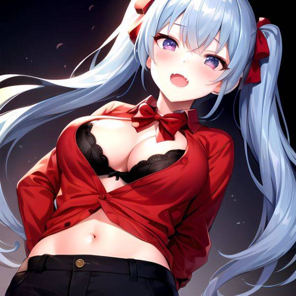 1girl Black Eyes Blue Hair Blush Bow Bowtie Bra Breasts Center Opening Cleavage Collared Shirt Fang Black Bra Hair Intakes, 3755725009 - AIHentai on pornsimulated.com