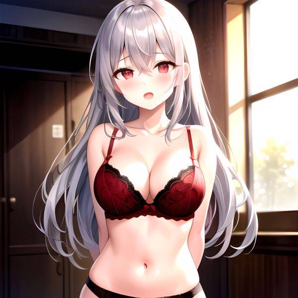 1girl Red Bra Blush Bra Breasts Double Parted Bangs Grey Hair Hair Between Eyes Indoors Large Breasts Long Hair Looking, 2490963276 - AIHentai - aihentai.co on pornsimulated.com