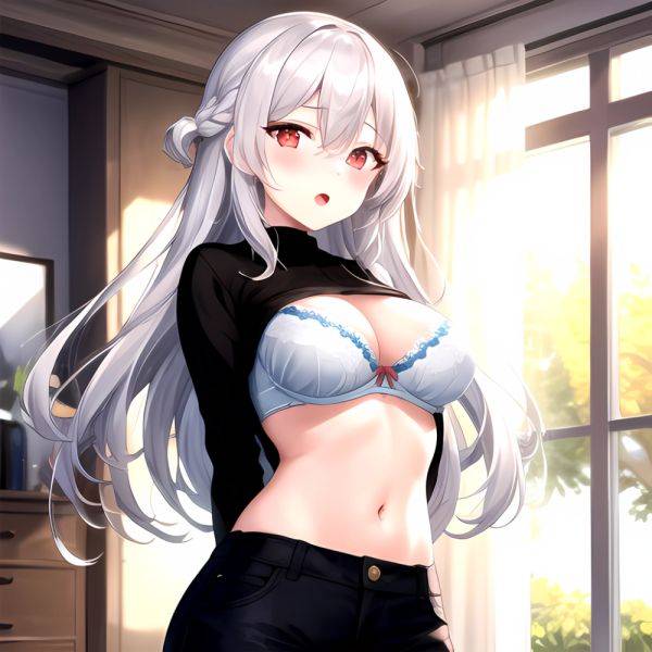 1girl White Bra Blush Bra Breasts Double Parted Bangs Grey Hair Hair Between Eyes Indoors Large Breasts Long Hair Looking, 2015492134 - AIHentai - aihentai.co on pornsimulated.com