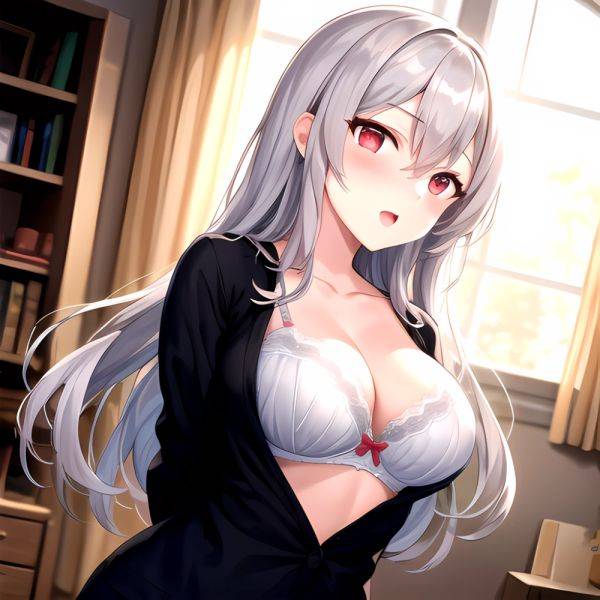 1girl White Bra Blush Bra Breasts Double Parted Bangs Grey Hair Hair Between Eyes Indoors Large Breasts Long Hair Looking, 1732388762 - AIHentai on pornsimulated.com